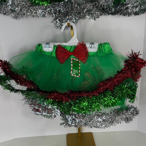 Festive Green Holiday Tutu Skirt with Red Glitter Bow (Size S/M) - Picture 2 of 4